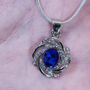 New Womens Crystal Blue & White Necklace 925 Sterling Silver